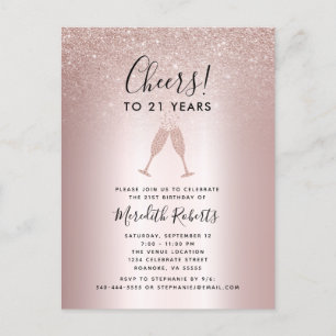 21e verjaardag Blush Glitter Champagne Toast Invit Briefkaart