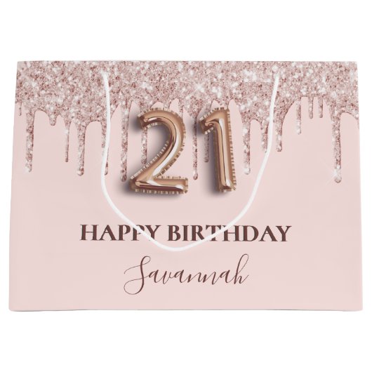 21e verjaardag blush roze glitter druppels groot cadeauzakje (Voorkant)