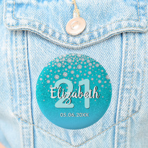 21e verjaardag diamanten glitter blauwgroen blauw ronde button 5,7 cm