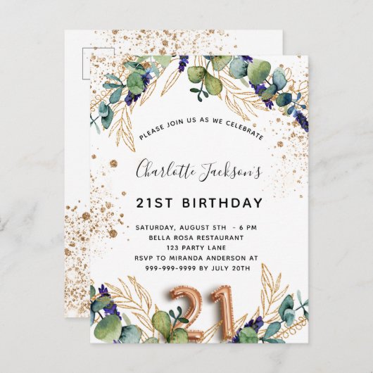 21e verjaardag eucalyptus greenery glitter elegant uitnodiging briefkaart (Voorkant / Achterkant)