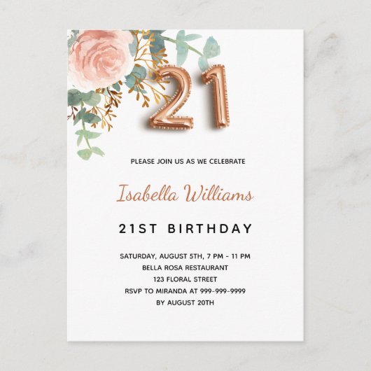 21e verjaardag floraal roos goud eucalyptus greene uitnodiging briefkaart (Voorkant)