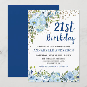 21e verjaardag Florale marineblauw goudglitter-Sti Kaart
