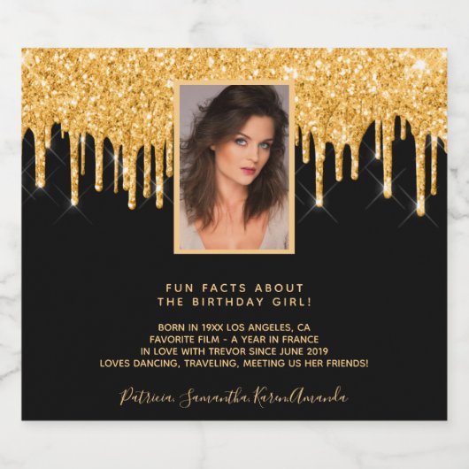 21e verjaardag foto zwarte glitter gouden leukste sparkling wijnetiket (Enkel label)