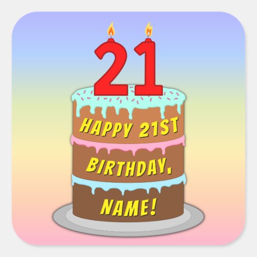 21e verjaardag: Fun Cake and Candles + Custom Name Vierkante Sticker (Voorkant)