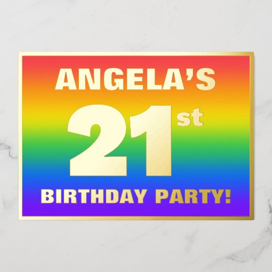 21e verjaardag: Fun, kleurrijk regenboogpatroon Folie Uitnodiging (Voorkant)