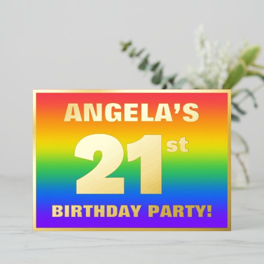 21e verjaardag: Fun, kleurrijk regenboogpatroon Folie Uitnodiging (Staand Voorkant)