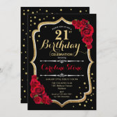 21e verjaardag - Goud Zwart Rood Rozen Kaart (Voorkant / Achterkant)