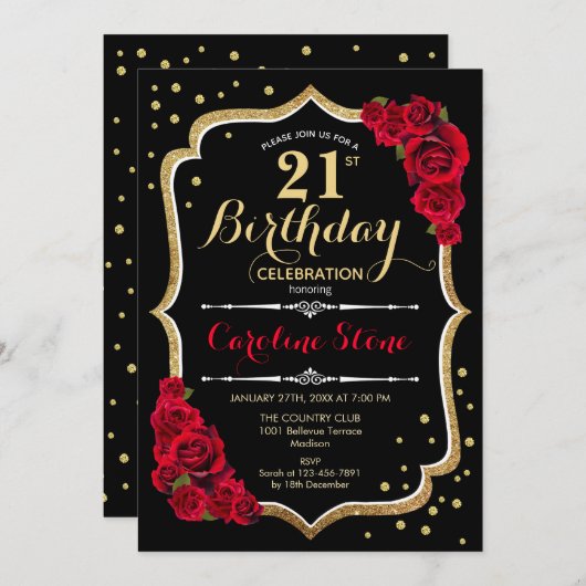 21e verjaardag - Goud Zwart Rood Rozen Kaart (Voorkant / Achterkant)