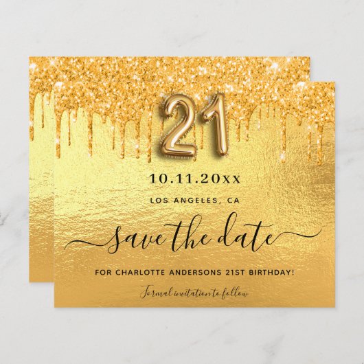 21e verjaardag Gouden glitter Bewaar de datumkaart (Voorkant / Achterkant)