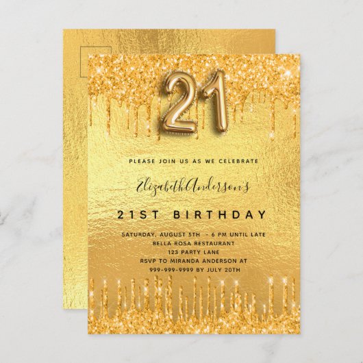 21e verjaardag gouden glitter druppels uitnodiging briefkaart (Voorkant / Achterkant)