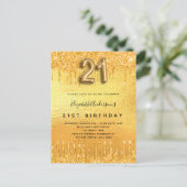 21e verjaardag gouden glitter druppels uitnodiging briefkaart (Staand voorkant)