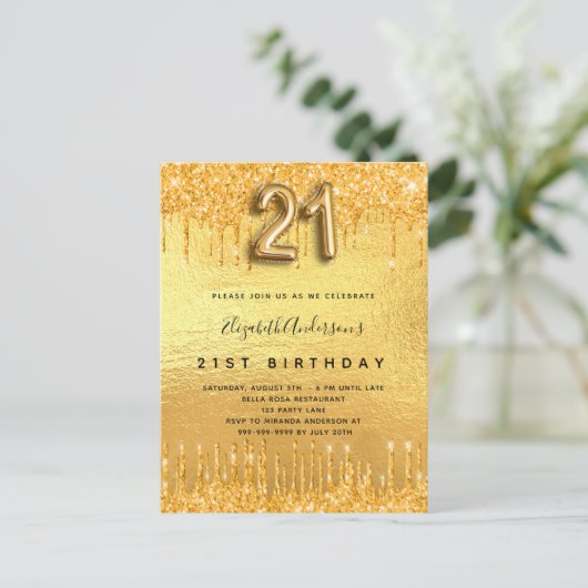 21e verjaardag gouden glitter druppels uitnodiging briefkaart (Staand voorkant)