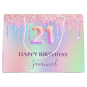 21e verjaardag holografische roze paarse druppels groot cadeauzakje (Voorkant)