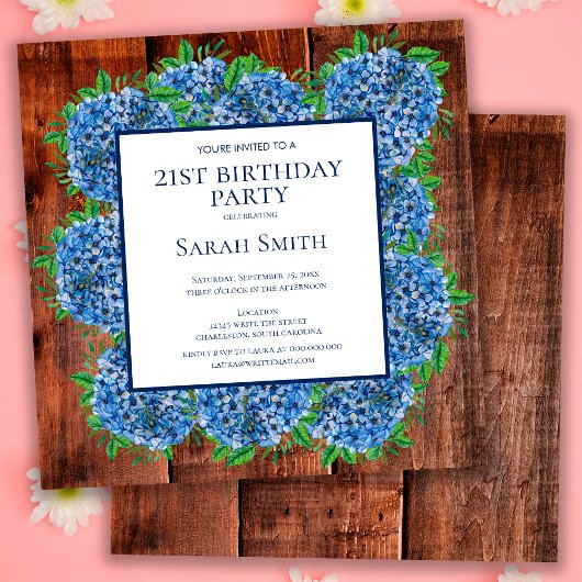21e Verjaardag Hout Blauw Hydrangeaën Rustieke Fee Kaart