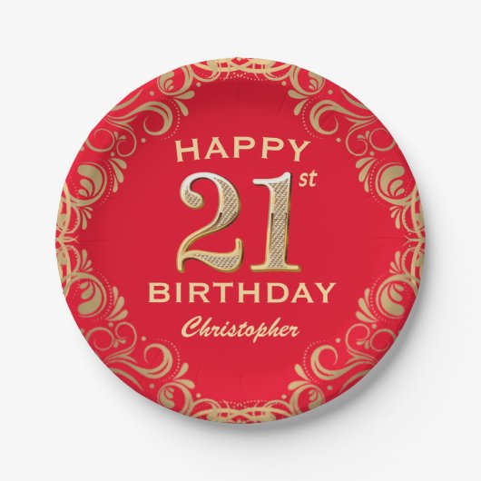 21e verjaardag Lijst van de Rode en de Gouden Glit Papieren Bordje (Voorkant)