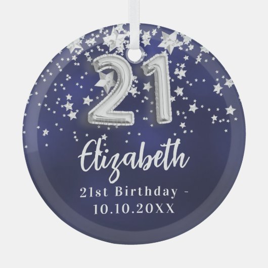 21e verjaardag marineblauwe zilveren sterren glas ornament (Voorkant)