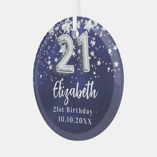 21e verjaardag marineblauwe zilveren sterren glas ornament (Voorkant links)