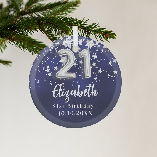 21e verjaardag marineblauwe zilveren sterren glas ornament