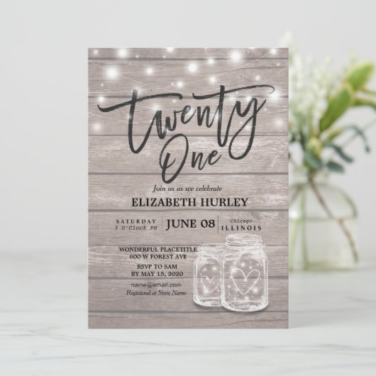21e verjaardag Mason Jars String Lights Wood Kaart (Staand voorkant)
