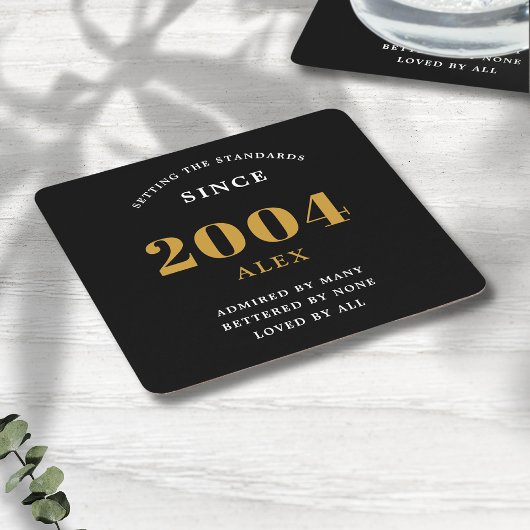 21e verjaardag naam 2004 zwart goud elegante Chic Vierkante Kartonnen Onderzetter