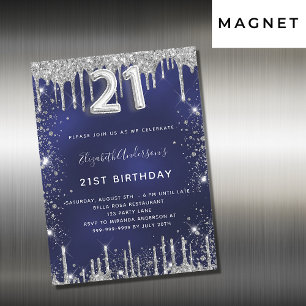 21e verjaardag navy blauw zilver glitter luxe magnetische uitnodiging