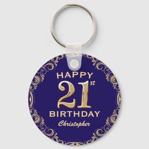 21e verjaardag Navy Blue en Gold Glitter Sleutelhanger