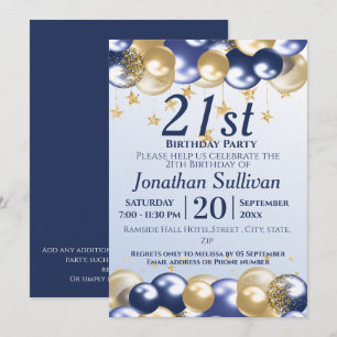 21e verjaardag Navy Gold Balloons Party Kaart