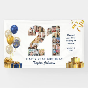 21e verjaardag nummer 21 fotocollage wit goud spandoek