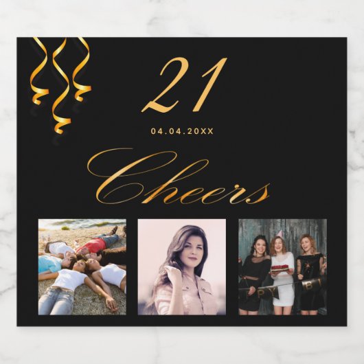 21e verjaardag op maat van foto zwarte goudkaas sparkling wijnetiket (Enkel label)