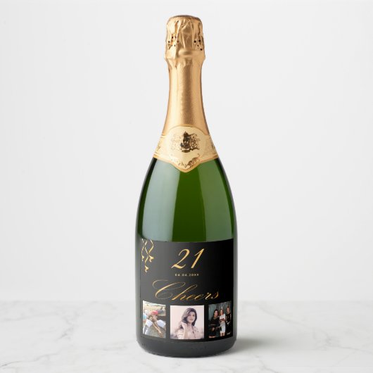 21e verjaardag op maat van foto zwarte goudkaas sparkling wijnetiket (Voorkant)