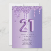21e Verjaardag Paarse Glitter Drips Balloon Script Kaart (Voorkant)