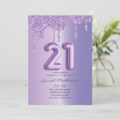 21e Verjaardag Paarse Glitter Drips Balloon Script Kaart (Staand voorkant)