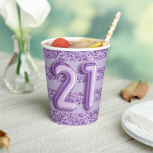 21e Verjaardag Paarse Glitter Streep Ballon Type Papieren Bekers