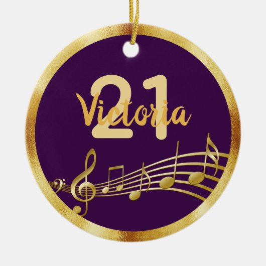 21e verjaardag paarse gouden muzieknoten naam keramisch ornament (Voorkant)