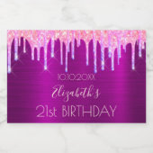 21e verjaardag paarse roze glitter druppels sparkling wijnetiket (Enkel label)