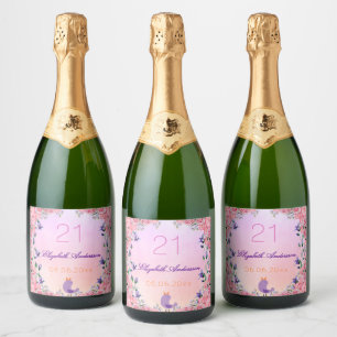 21e verjaardag partij bloedige roze violetfloralen sparkling wijnetiket