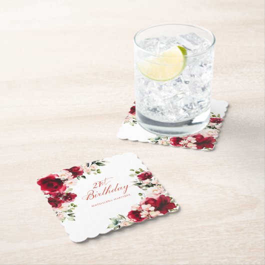 21e Verjaardag Party Rood Roze Bloemen Custom Kartonnen Onderzetters (Insitu)