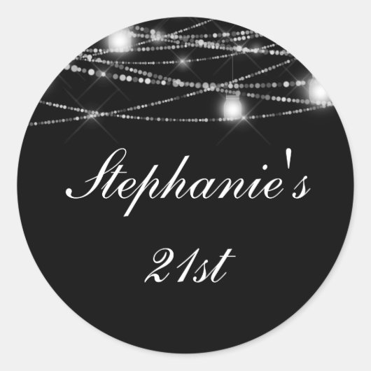 21e verjaardag Party String Lights Jars Zwart Ronde Sticker (Voorkant)