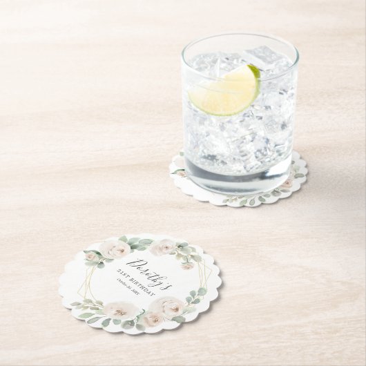 21e Verjaardag Party Witte Roos Bloemen Custom Kartonnen Onderzetters (Insitu)