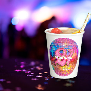 21e verjaardag Pink Glitter Groovy jaren 70 Disco Papieren Bekers