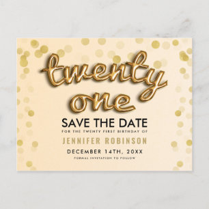 21e verjaardag Red de datum Gold ballons Glitter Aankondigingskaart
