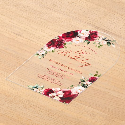 21e Verjaardag Red Rose Pink Peony Bloemenboog Acryl Uitnodigingen (Laagn)