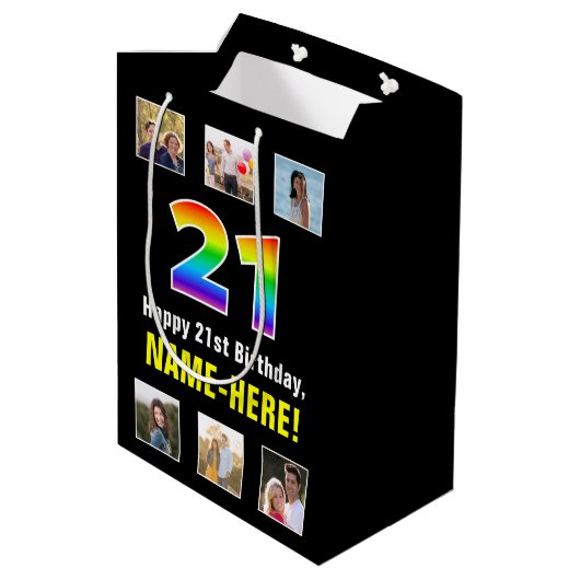 21e verjaardag: Regenboog "21", aangepaste foto's Medium Cadeauzakje (Achterkant Gekanteld)