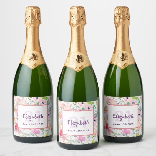 21e verjaardag romantische waterkleurige roze bloe sparkling wijnetiket (Flessen)