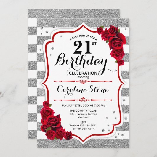 21e Verjaardag - Rood Zilver Wit Strepen Rozen Kaart (Voorkant / Achterkant)