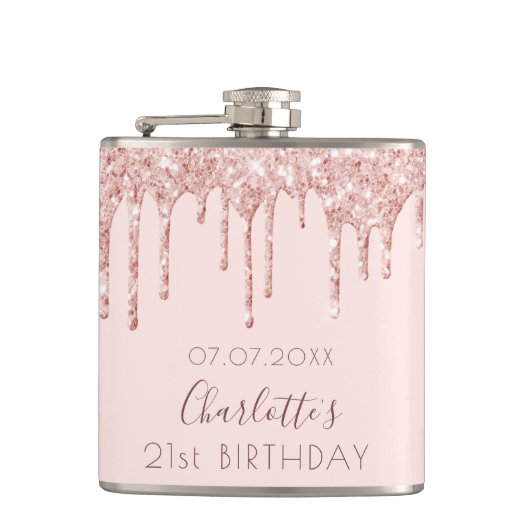 21e verjaardag roos goud glitter drup roze monogra heupfles (Voorkant)