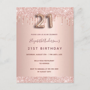 21e verjaardag roos gouden glitter roze uitnodigin briefkaart