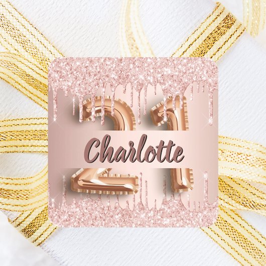 21e verjaardag roos gouden glitter vierkante sticker