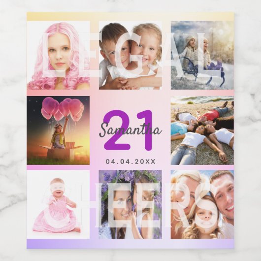 21e verjaardag roos gouden roze paarse foto naam wijn etiket (Enkel label)