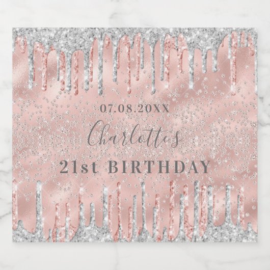 21e verjaardag roos gouden zilveren druppels sparkling wijnetiket (Enkel label)